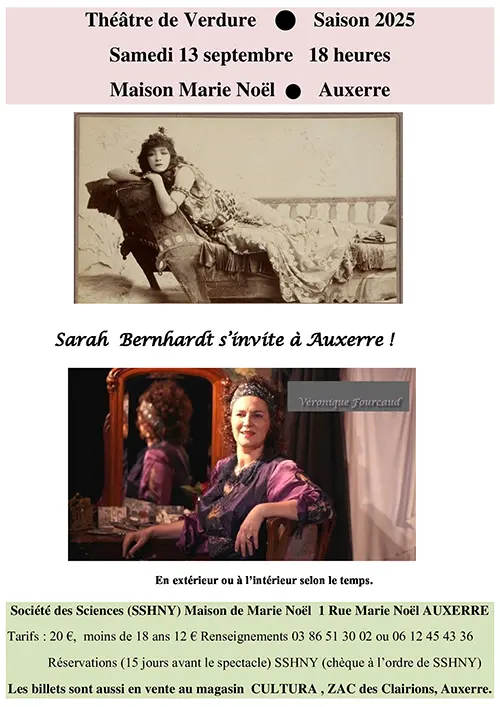 Théâtre : "Sarah Bernhardt s’invite à Auxerre !" avec Véronique Fourcaud – Auxerre (Théâtre de Verdure / Maison Marie Noël) (affiche de l’événement)