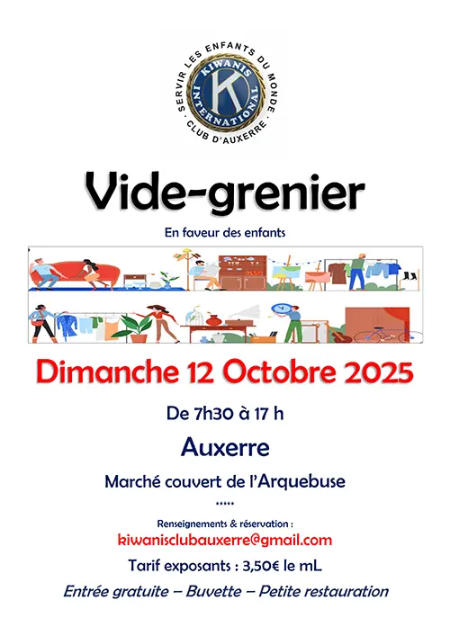 Vide grenier - vide dressing du Kiwanis d'Auxerre – Auxerre (Marché couvert de l'Arquebuse) (affiche de l’événement)