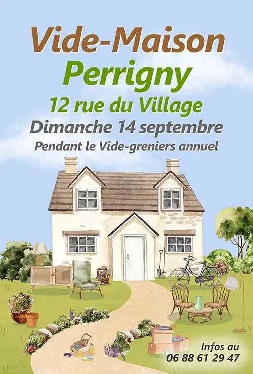Vide-maison (pendant le vide-greniers annuel) – Perrigny (12 rue du Village) (affiche de l’événement)