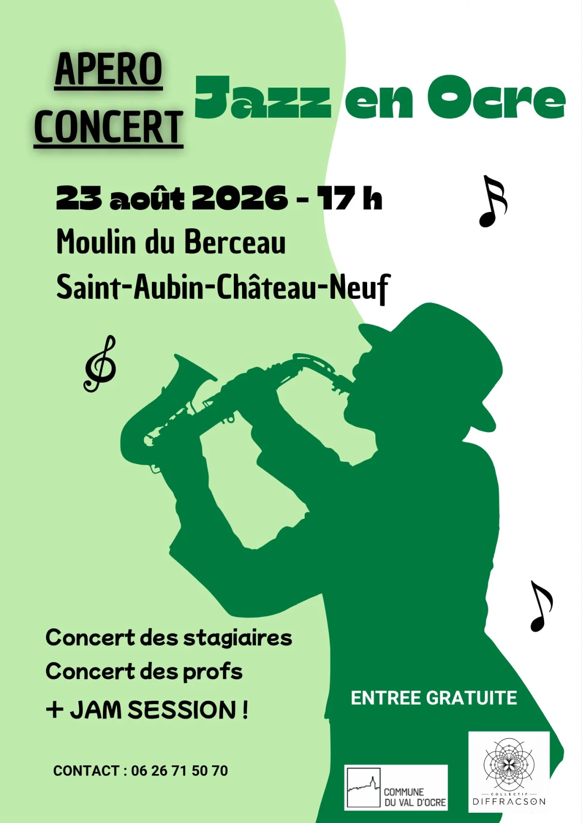 Apéro-concert "Jazz en Ocre" : Concert des stagiaires, concert des profs et jam session – Saint-Aubin-Château-Neuf / Le Val d'Ocre (Moulin du Berceau) (affiche de l’événement)