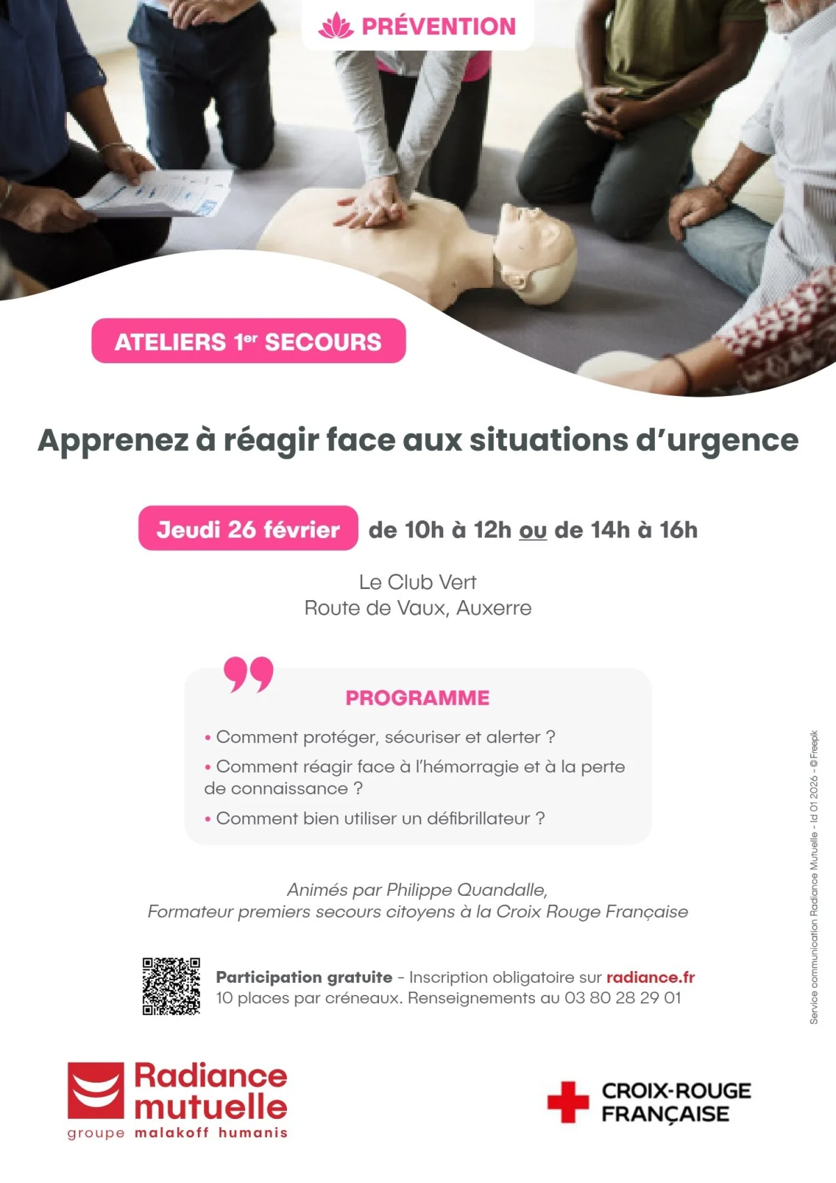 Atelier d'initiation aux gestes de premiers secours – Auxerre (Le Club Vert) (affiche de l’événement)