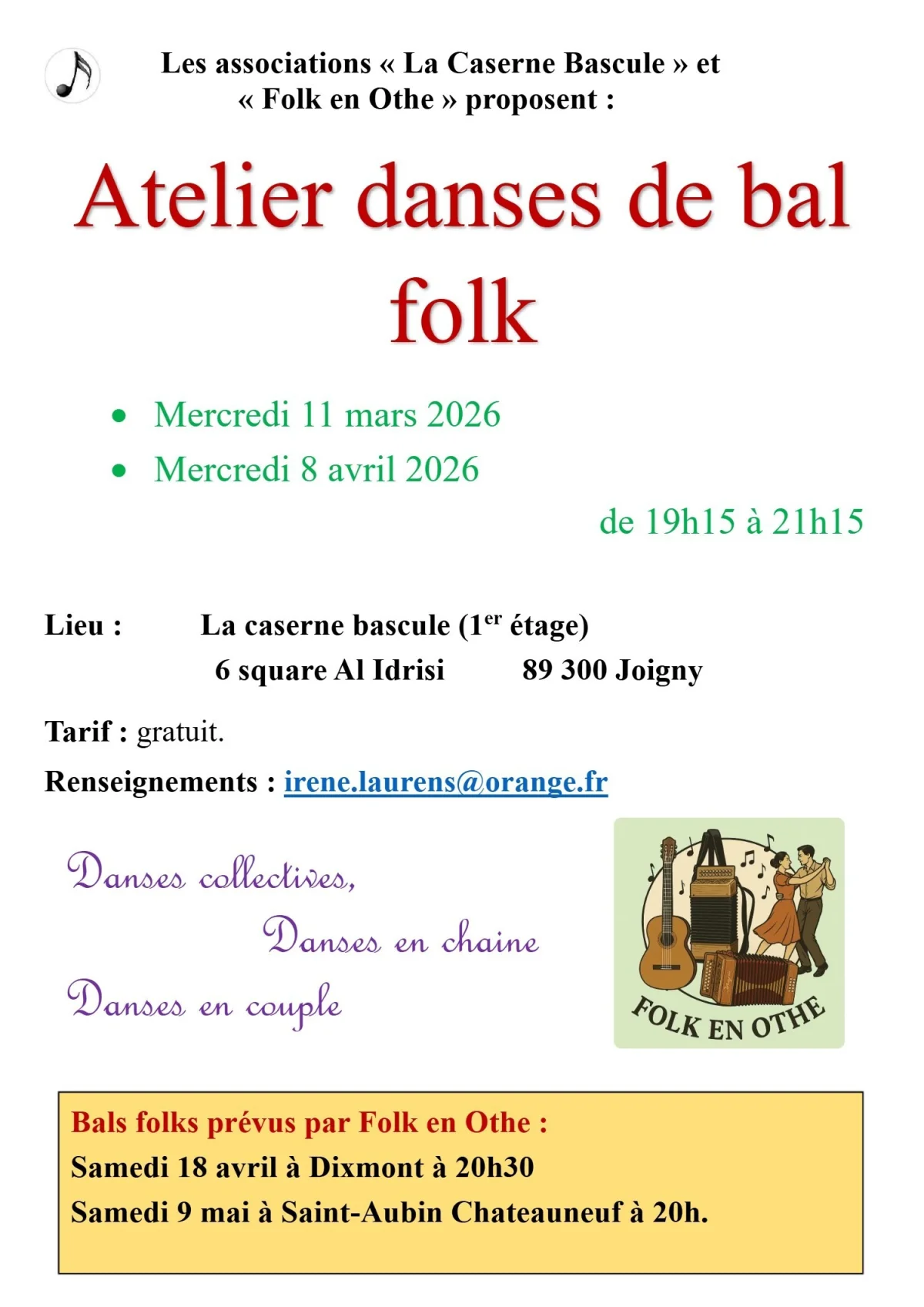 Atelier de danses de bal folk – Joigny (La caserne bascule) (affiche de l’événement)