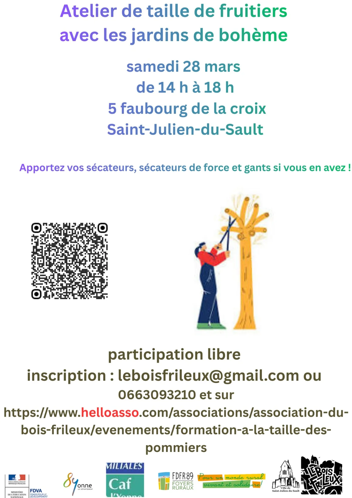Conduite et taille d'arbres fruitiers – Saint Julien du Sault (Jardin du siège de l'association) (affiche de l’événement)