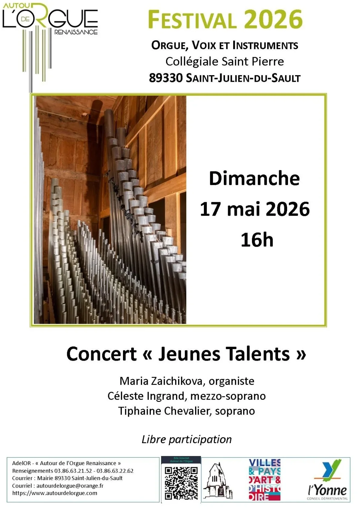 Autour de l'Orgue Renaissance / Festival 2026 Orgue, Voix et Instruments : Concert Jeunes Talents avec Maria Zaichikova (organiste), Céleste Ingrand (mezzo-soprano) et Tiphaine Chevalier (soprano) – Saint-Julien-du-Sault (Eglise Saint Pierre) (affiche de l’événement)