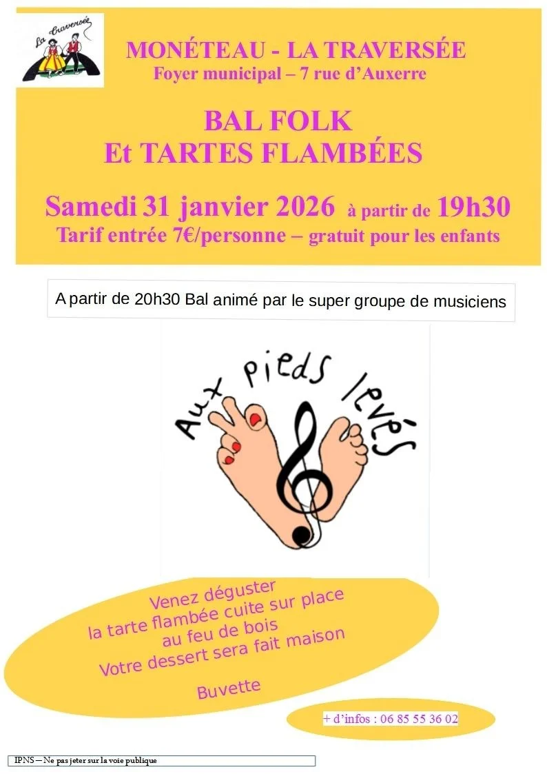 Bal trad folk avec le groupe Aux Pieds Levés – Monéteau (foyer municipal) (affiche de l’événement)