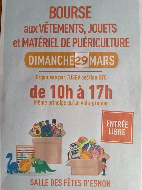 Bourse aux jouets, vêtements et matériel de puériculture – Esnon (salle des fêtes) (affiche de l’événement)