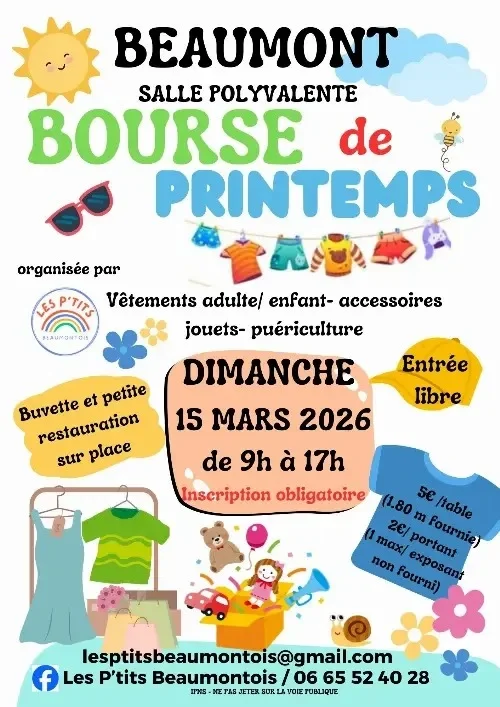 Bourse de printemps (Bourse aux vêtements, jouets petite puériculture) – Beaumont (Salle polyvalente) (affiche de l’événement)
