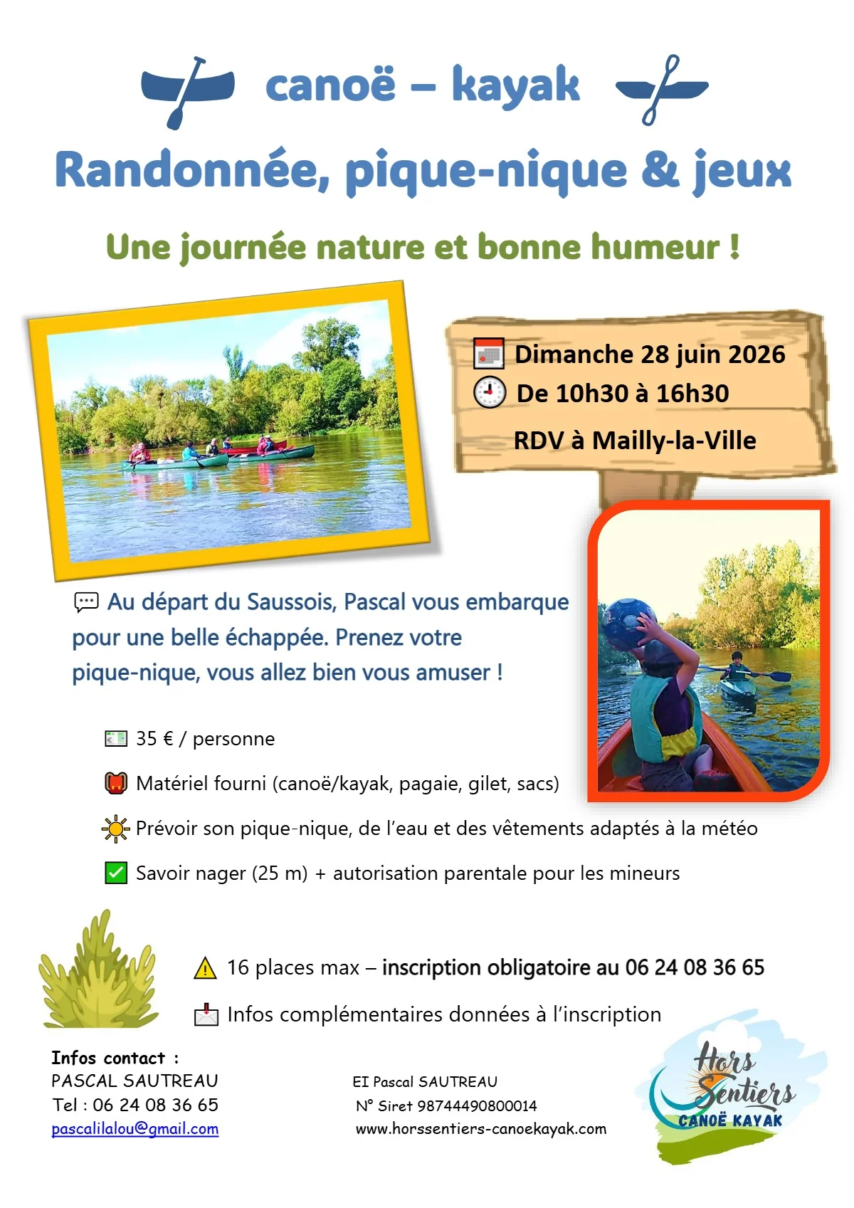 Canoë-kayak : Randonnée, pique-nique & jeux / Une journée nature et bonne humeur avec Hors Sentiers Canoë Kayak et Pascal – Mailly-la-Ville (Rdv à l'ancien lavoir / sous la mairie) (affiche de l’événement)
