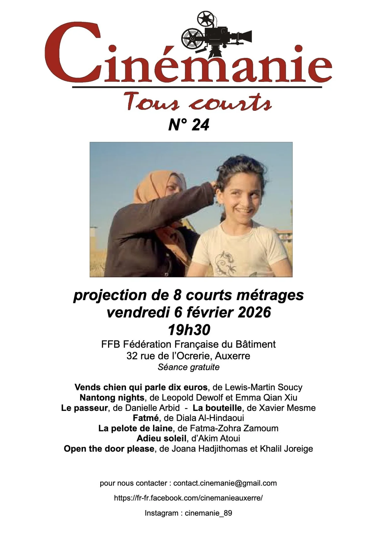 Soirée courts métrage de cinémanie / projection de 8 courts métrages / Séances gratuites – Auxerre (FFB Fédération Française du Bâtiment / 32 rue de l’Ocrerie) (affiche de l’événement)