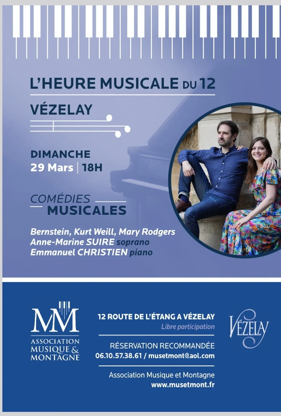 Comédies musicales / Anne-Marine SUIRE, soprano / Emmanuel CHRISTIEN, piano / Un moment magnifique de Broadway à Hollywood autour de bijoux de la comédie musicale / Leonard Berstein,Mary Rodgers, Michel Legrand... – Vézelay (Philar-Mini) (affiche de l’événement)