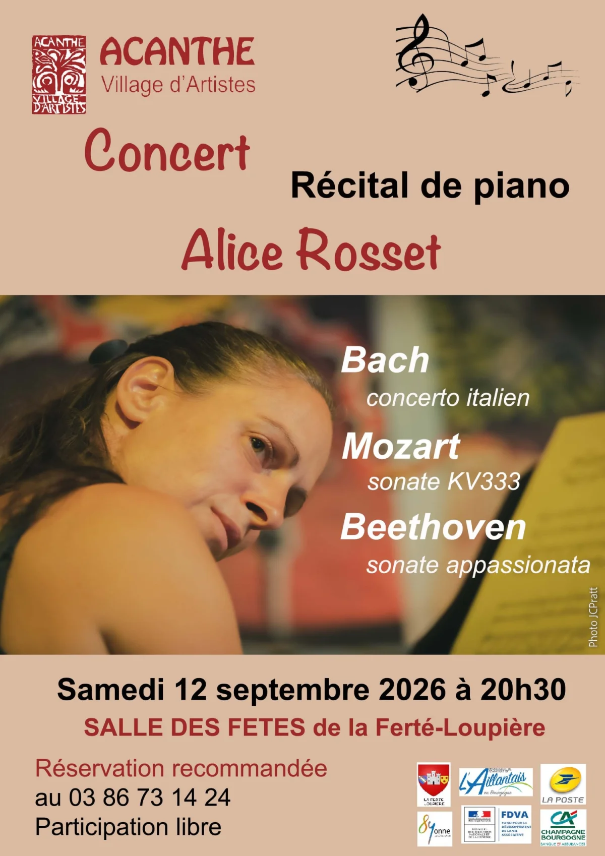Concert : Récital de piano avec Alice Rosset (Bach, Mozart, Beethoven) – La Ferté Loupière (Salle des fêtes / face à l'église / entrée côté gauche) (affiche de l’événement)