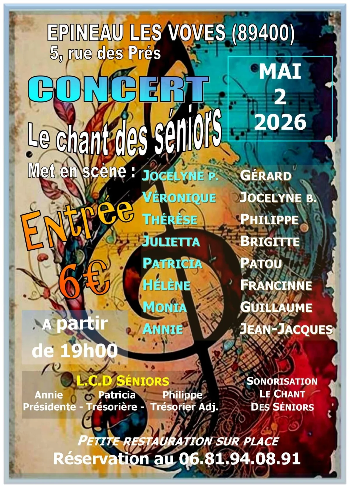 Concert avec l’association Le Chant des Séniors et 16 chanteurs (reprise de grands succès de la variété française) – Epineau les Voves (Salle communale) (affiche de l’événement)