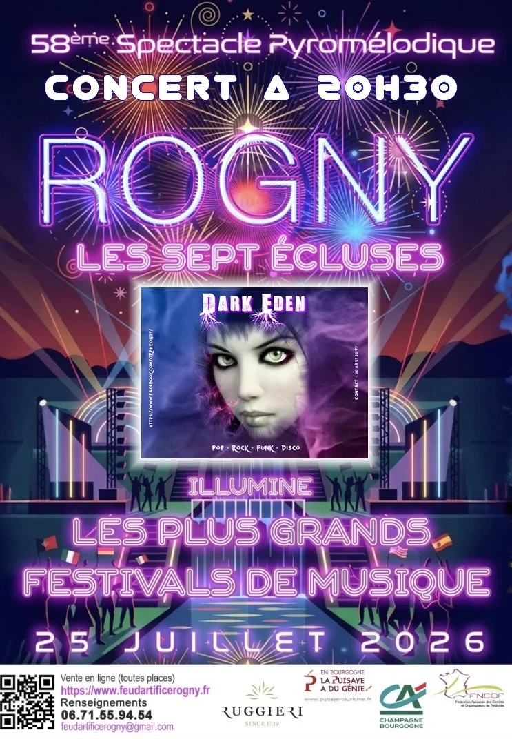 Concert avec Dark Eden - Pop / Funk / Disco au feu d'artifice de Rogny les 7 écluses – Rogny les 7 Ecluses (Les 7 écluses) (affiche de l’événement)