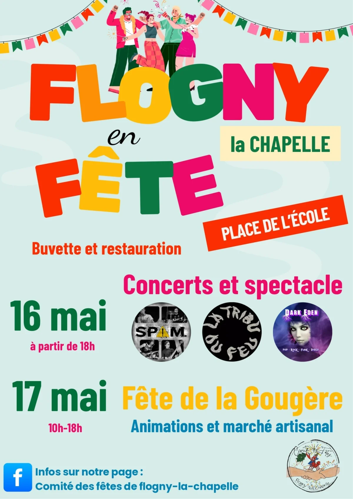 Concert groupes Dark Eden (pop, funk, disco) & Spam (pop, rock) / Fête de la Gougère. – Flogny la Chapelle (Place des écoles) (affiche de l’événement)