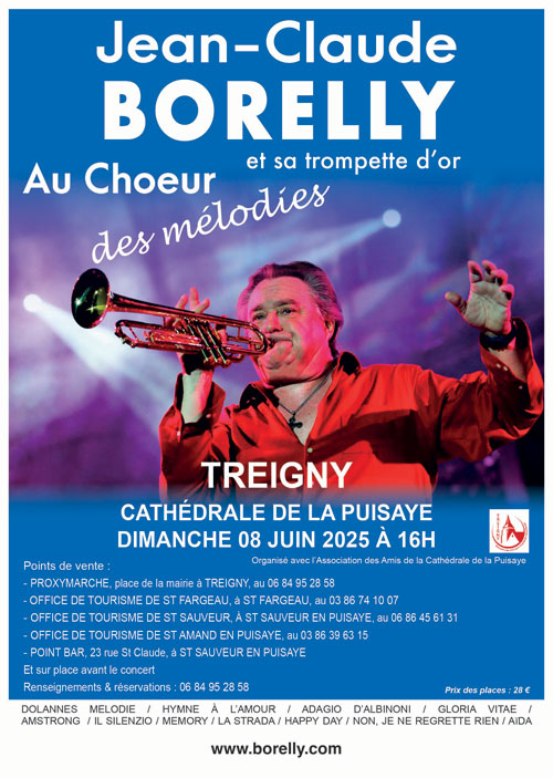 Concert "au Chœur des mélodies" avec Jean-Claude Borelly et sa trompette d'or (gospel, classique, musiques de films et grands succès) – Treigny (Eglise) (affiche de l’événement)