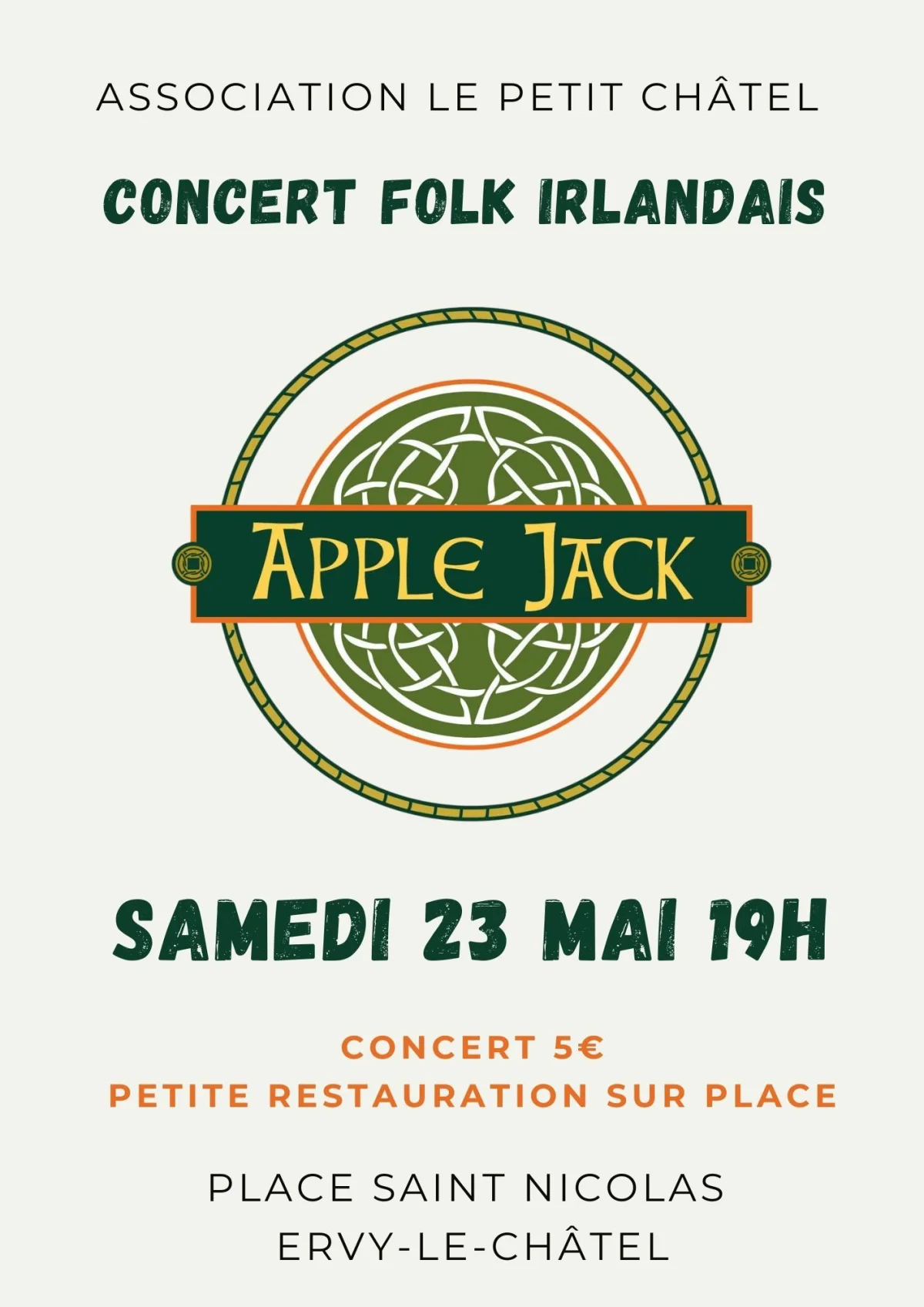 Concert Live - Groupe Apple Jack - Folk Irlandais – Ervy-le-Châtel / Aube (Le Petit Châtel Café Associatif / 34 place Saint Nicolas) (affiche de l’événement)