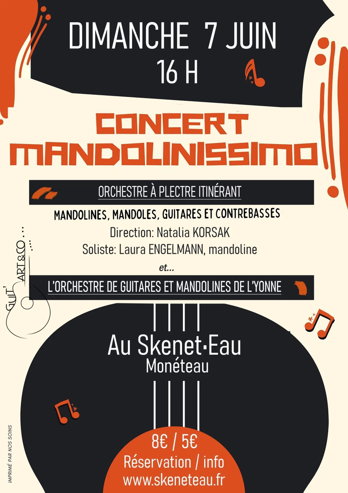 Concert "Mandolinissimo" avec l’Orchestre à plectres itinérant (mandolines, mandoles, guitares et contrebasses) et l’Orchestre de guitares et mandolines de l’Yonne – Monéteau (Le Skenet•Eau) (affiche de l’événement)