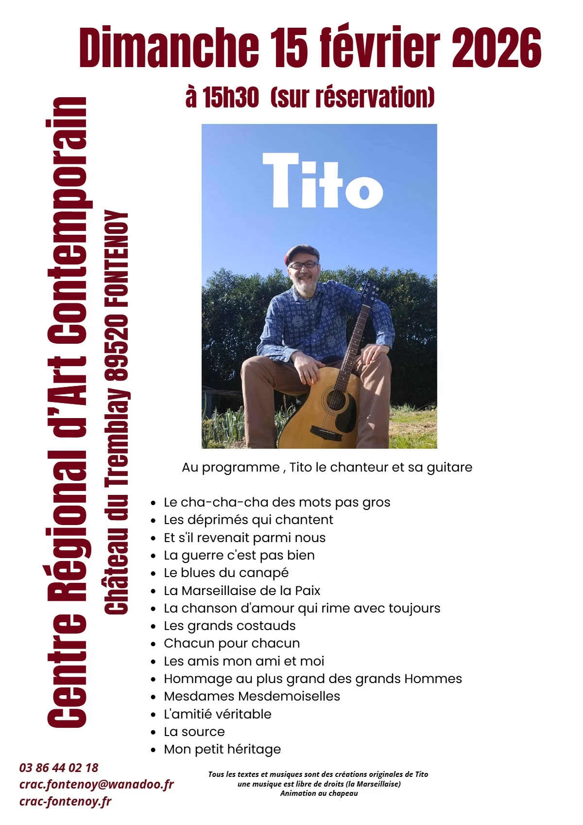 Concert avec Tito, le chanteur et sa guitare – Fontenoy (Centre Régional d’Art Contemporain du Tremblay) (affiche de l’événement)
