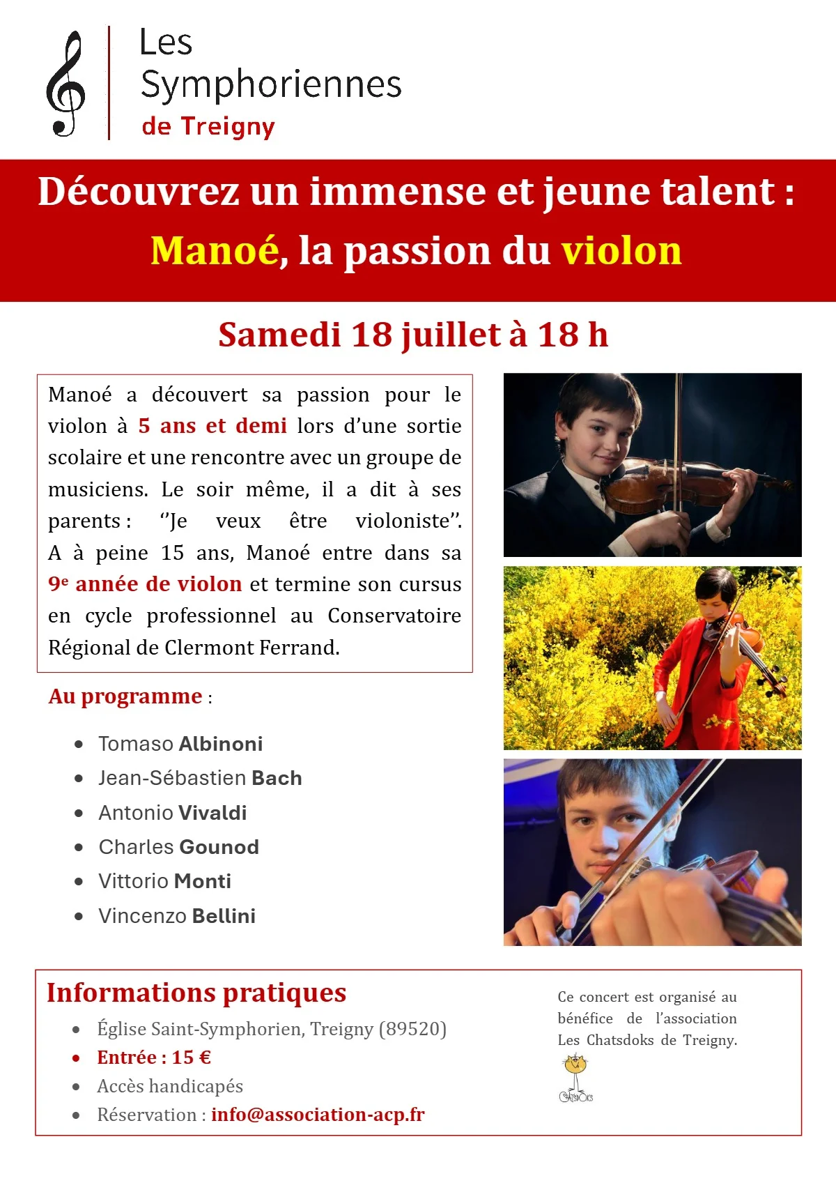 Concert de violon avec Manoé (Jeune talent / Oeuvres d'Albinoni, Bach, Vivaldi, Gounod, Monti, Bellini) dans le cadre des Symphoriennes de Treigny – Treigny (Eglise Saint Symphorien) (affiche de l’événement)