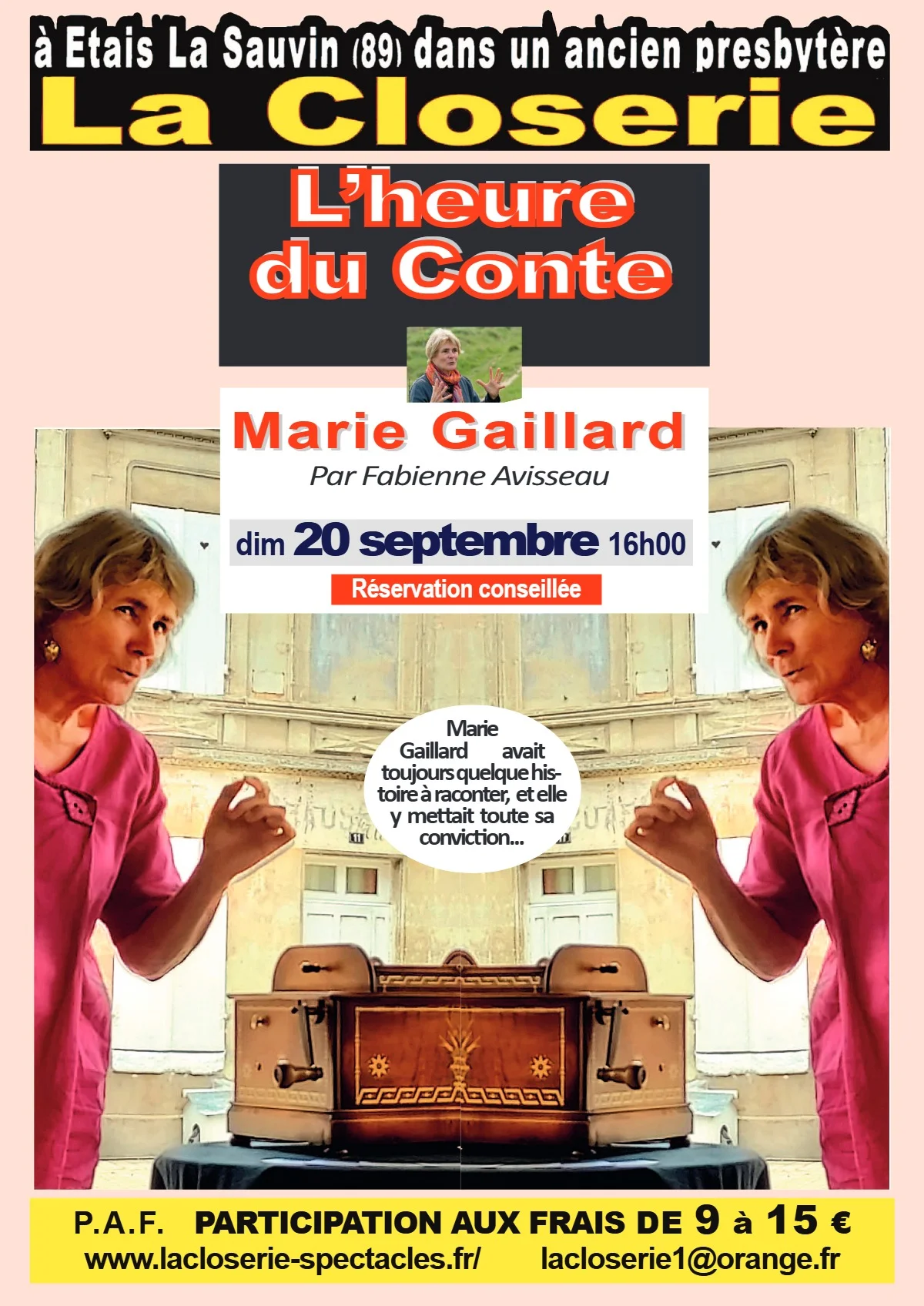 L’heure du Conte : Marie Gaillard par Fabienne Avisse (dans le cadre de la Fête de la Closerie) – Etais-la-Sauvin (Théâtre de la Closerie) (affiche de l’événement)