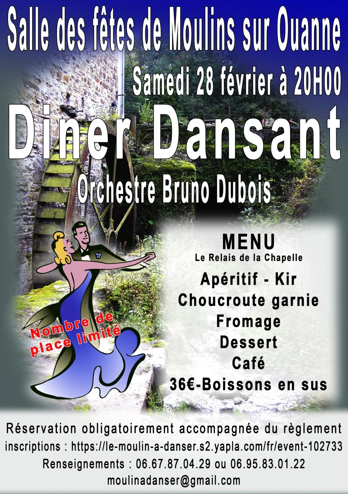 Dîner dansant animé par Orchestre Bruno Dubois / Menu préparé par Relais de la chapelle (restaurateur à Pourrain) – Moulins sur Ouanne (Salle des fêtes) (affiche de l’événement)