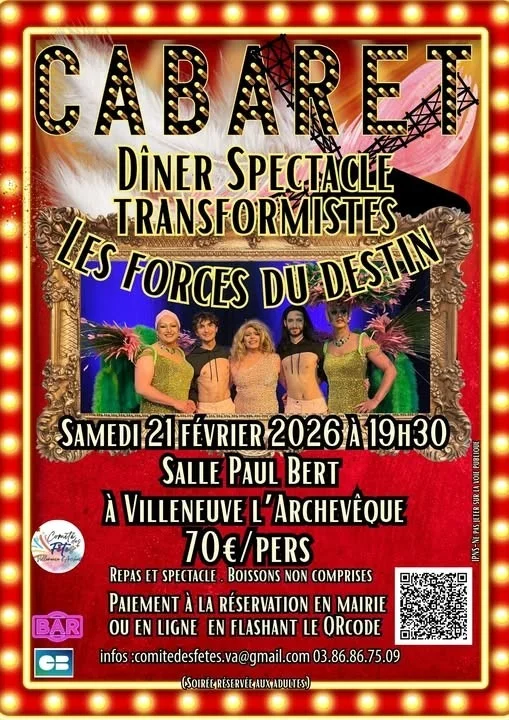 Dîner spectacle transformistes "Les forces du destin" – Villeneuve l'Archevêque (Salle Paul Bert) (affiche de l’événement)