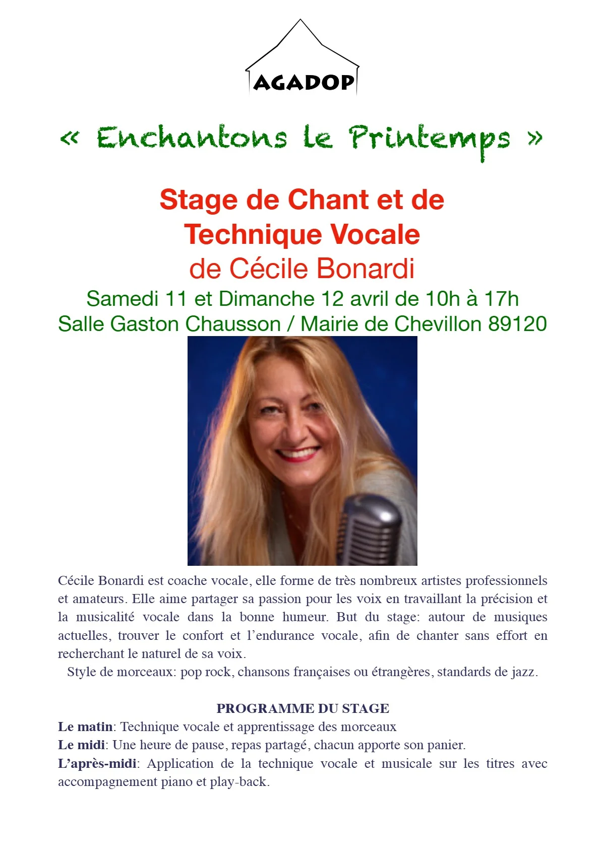 "Enchantons le Printemps" : Stage de Chant et de Technique Vocale de Cécile Bonardi (sur 2 jours) – Chevillon (Salle Gaston Chausson) (affiche de l’événement)
