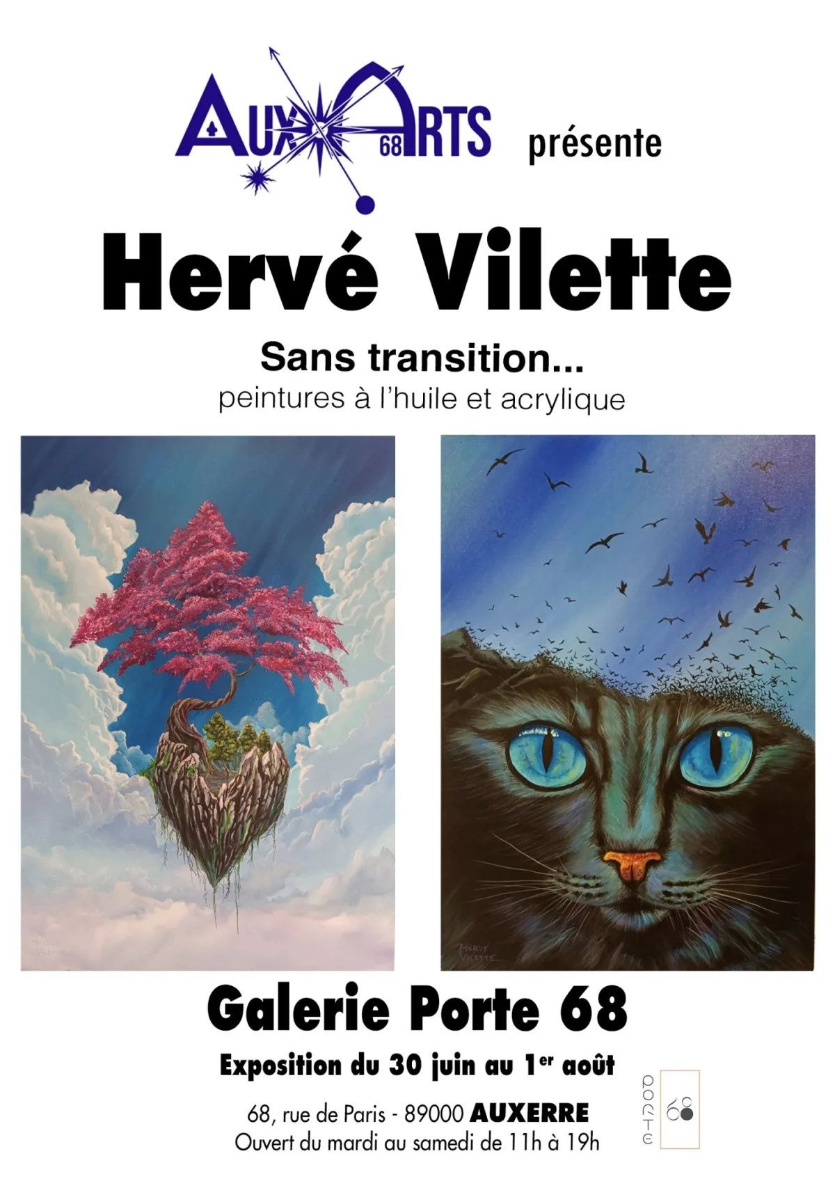 Exposition de tableaux "Sans transition" : peintures à l'huile et acrylique par,Hervé Vilette – Auxerre (Galerie Porte 68) (affiche de l’événement)
