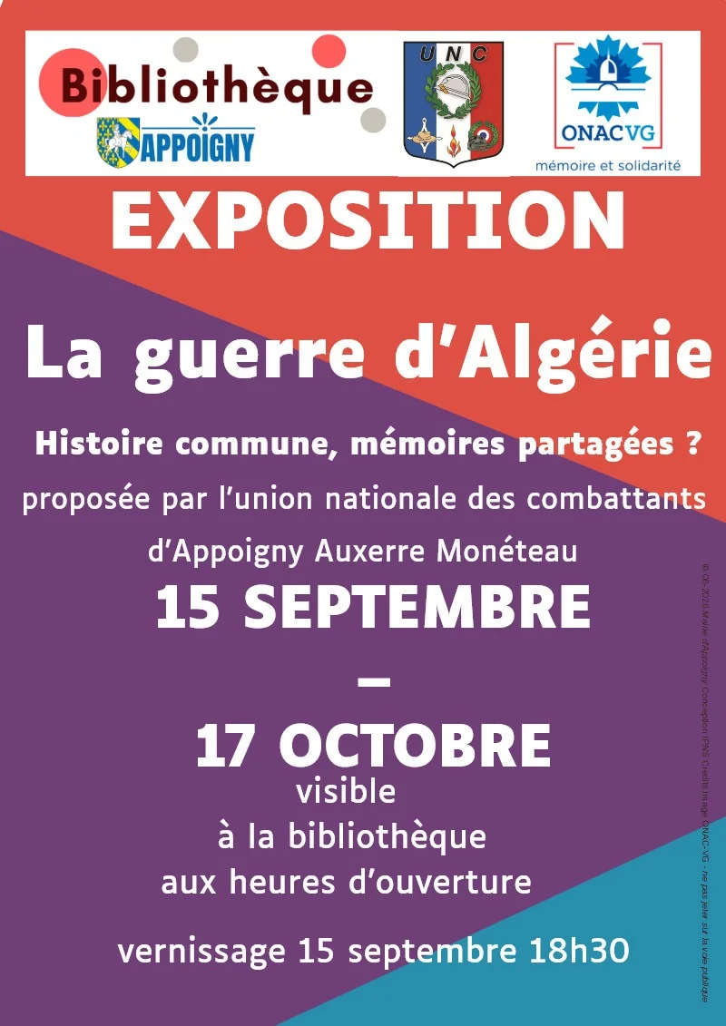 Exposition : "La guerre d'Algérie : histoire commune, mémoires partagées ?" – Appoigny (Bibliothèque municipale) (affiche de l’événement)