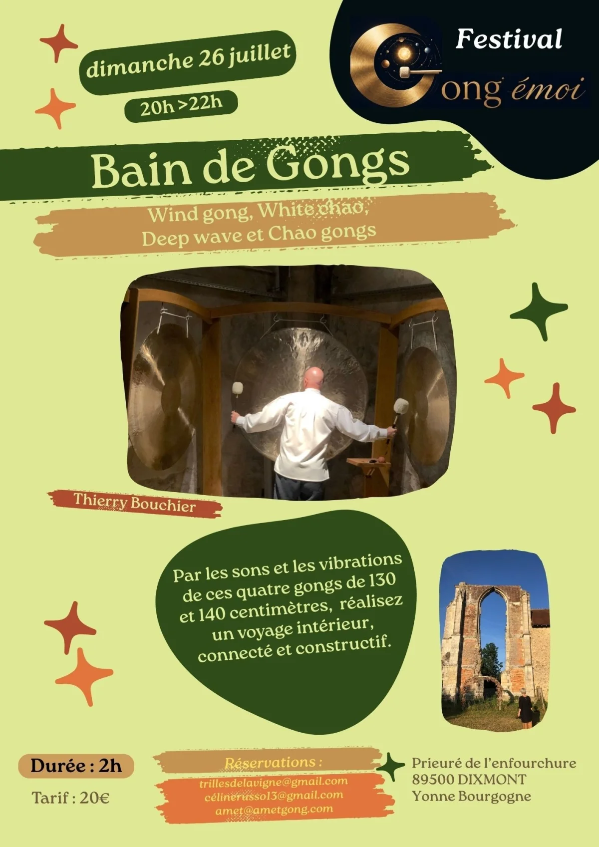 Festival Gong émoi : "bain de gongs" – Dixmont (Prieuré de l'enfourchure) (affiche de l’événement)