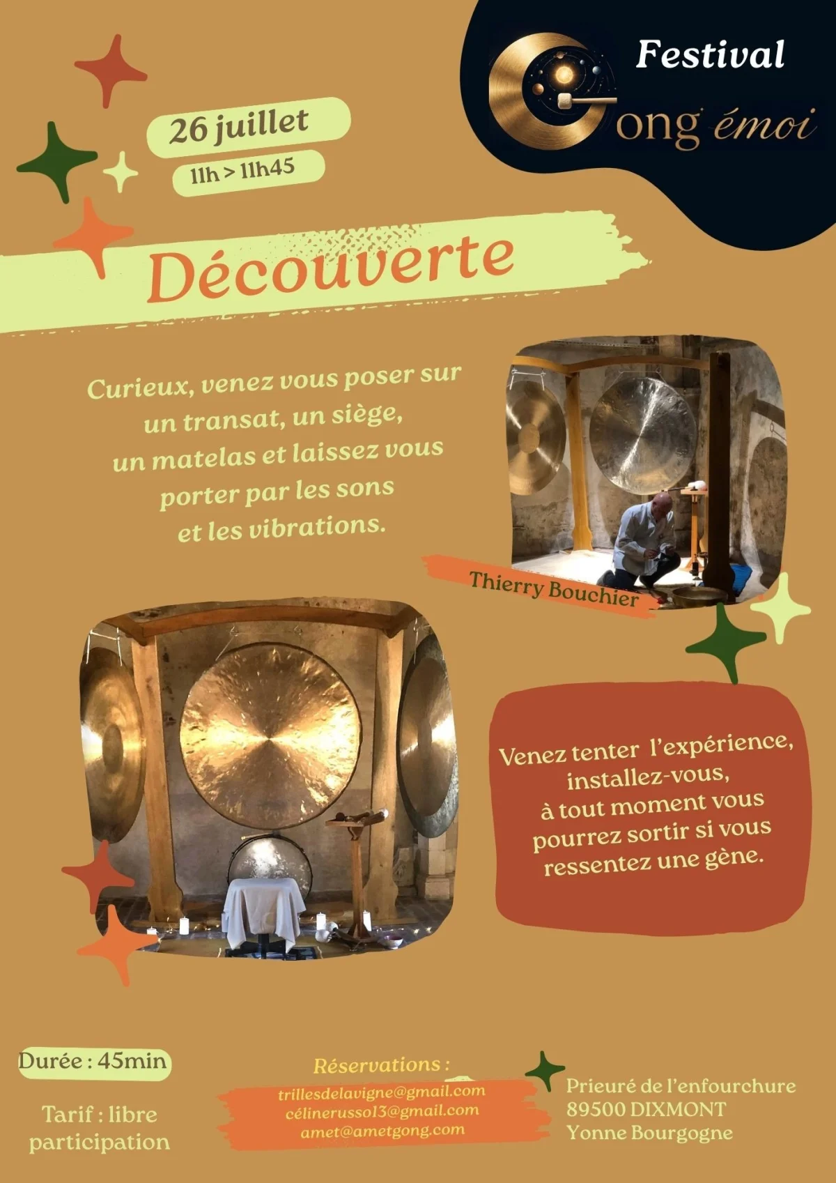 Festival Gong émoi : "Découverte" – Dixmont (Prieuré de l'enfourchure) (affiche de l’événement)