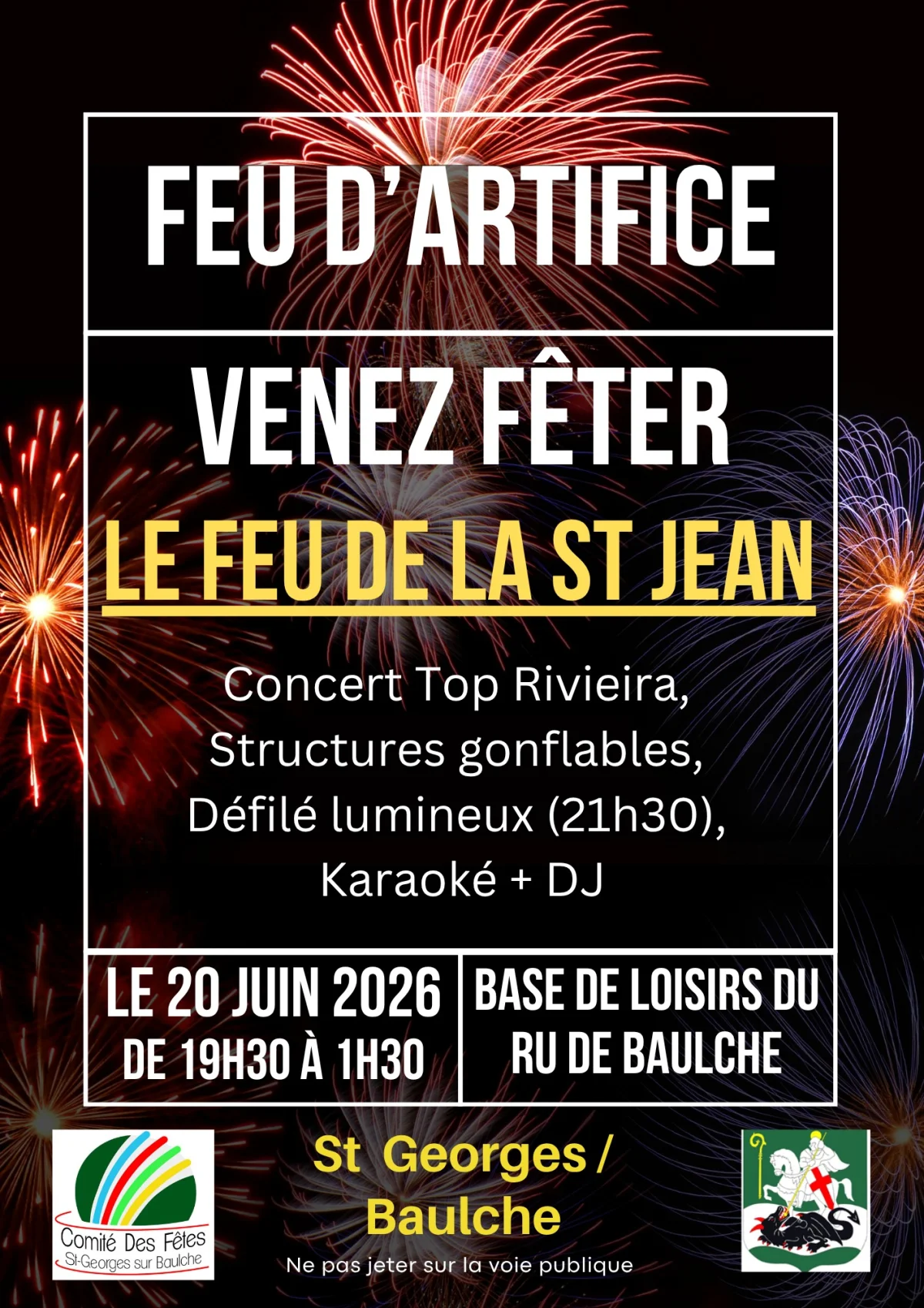 Feu de la Saint Jean + Feu d'artifice –  Saint Georges sur Baulche (Base de loisirs / Ru de Baulche) (affiche de l’événement)