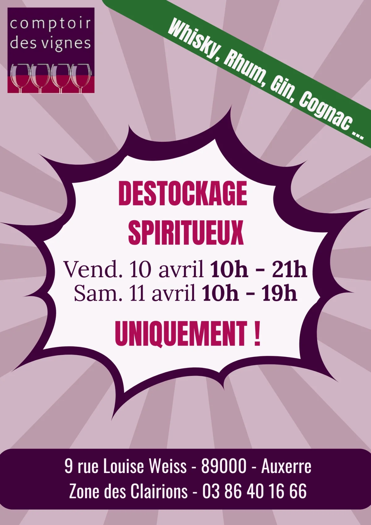Grand déstockage spiritueux chez Comptoir des Vignes Auxerre – Auxerre (Comptoir des Vignes Auxerre) (affiche de l’événement)