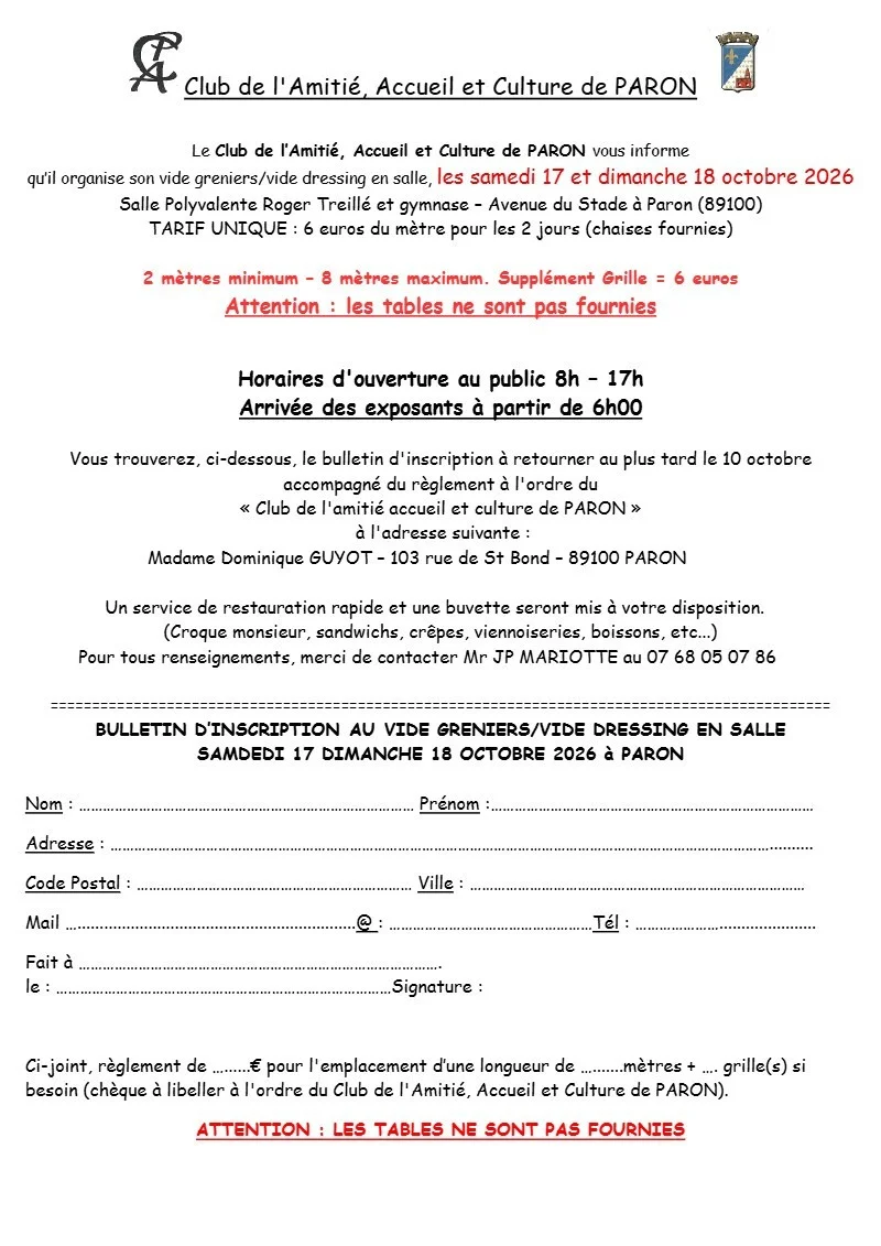 grand vide greniers / vide dressing en salle de Paron – paron (Gymnase et salle polyvalente Roger Treillé) (affiche de l’événement)