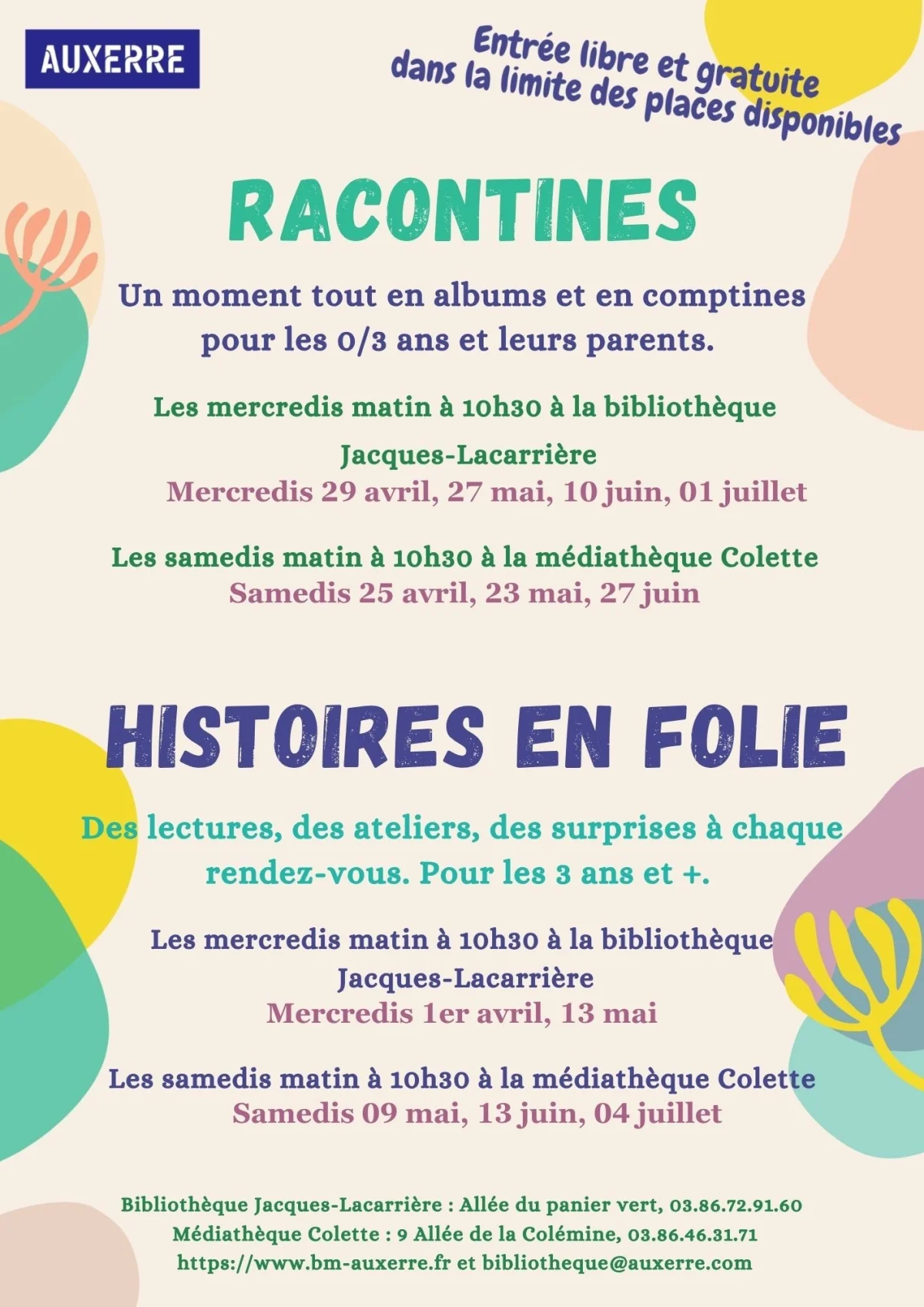 Histoires en folie – Auxerre (Bibliothèque Jacques-Lacarrière) (affiche de l’événement)
