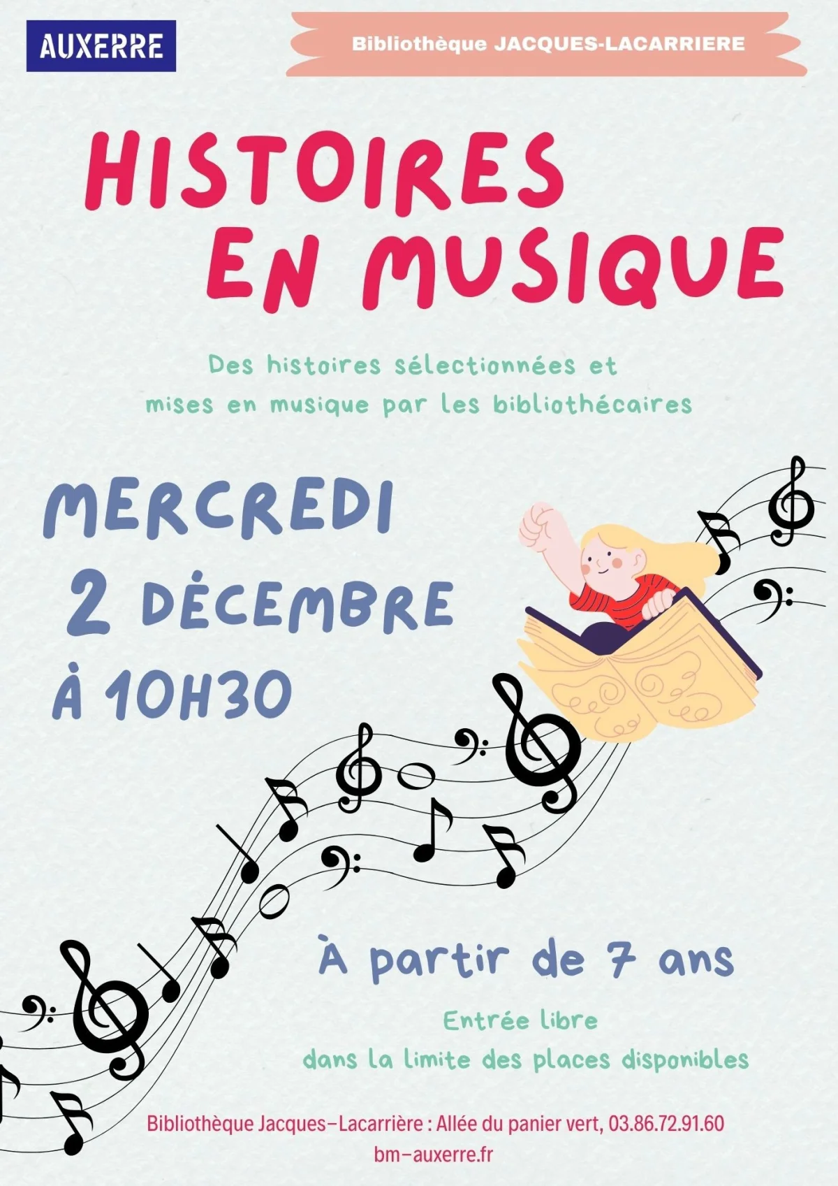 Histoires en musique – Auxerre (bibliothèque Jacques-Lacarrière) (affiche de l’événement)