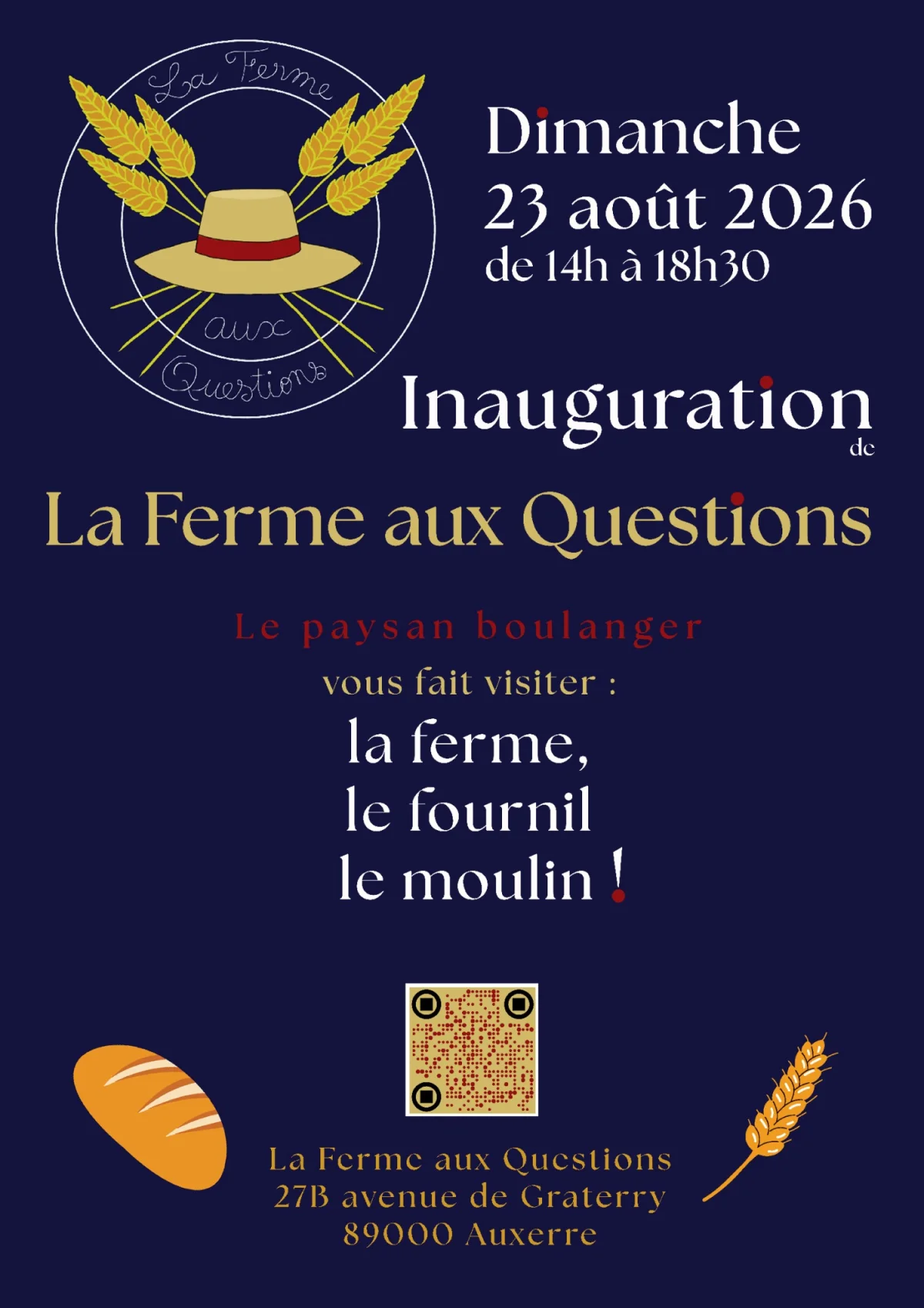 Inauguration de la Ferme aux Questions : Visites guidées de la ferme, du moulin et du fournil, suivies d'un verre de l'amitié – Auxerre (La Ferme aux Questions) (affiche de l’événement)