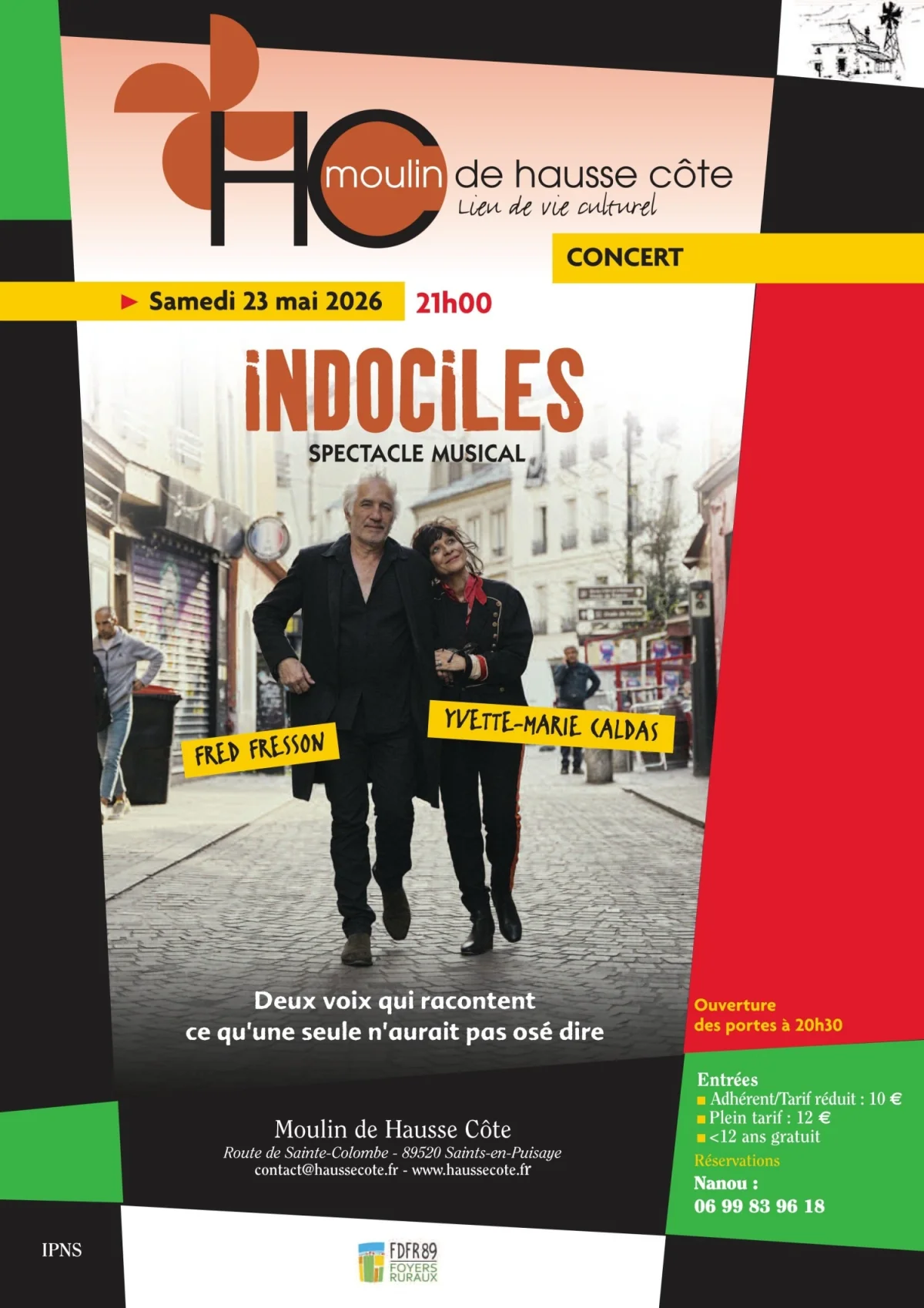 "Indociles", spectacle musical sur les aléas d'un couple. – Saints en Puisaye (Moulin de Hausse Côte) (affiche de l’événement)