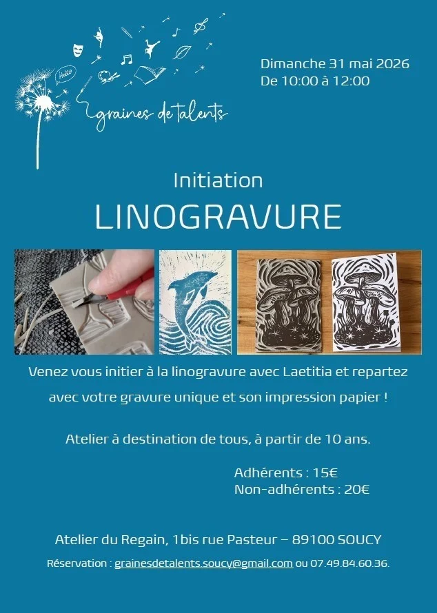 Initiation à la linogravure – Soucy (Atelier du Regain) (affiche de l’événement)