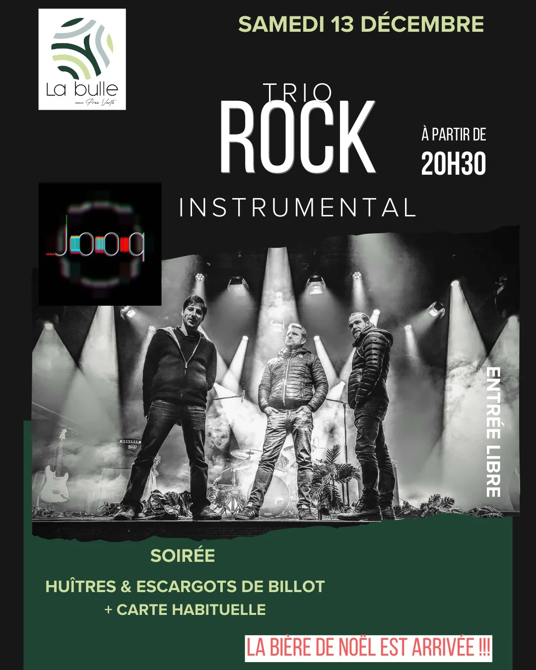 Soirée resto-concert avec Jooq (trio rock instrumental) – Charbuy (La Bulle aux Prés Verts) (affiche de l’événement)