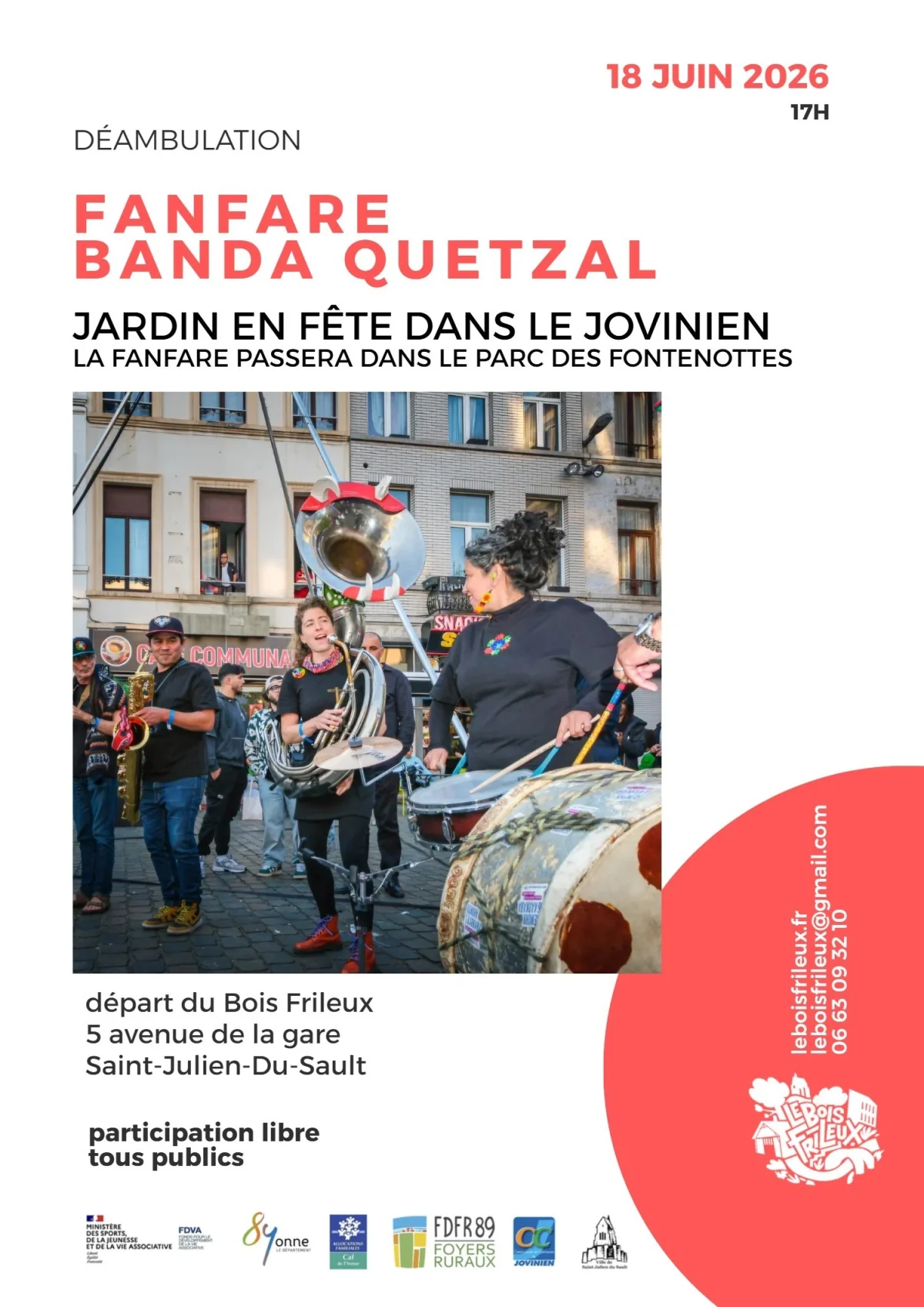 Déambulation avec La Banda Quetzal – Saint-Julien-du-Sault (Départ Bois Frileux) (affiche de l’événement)