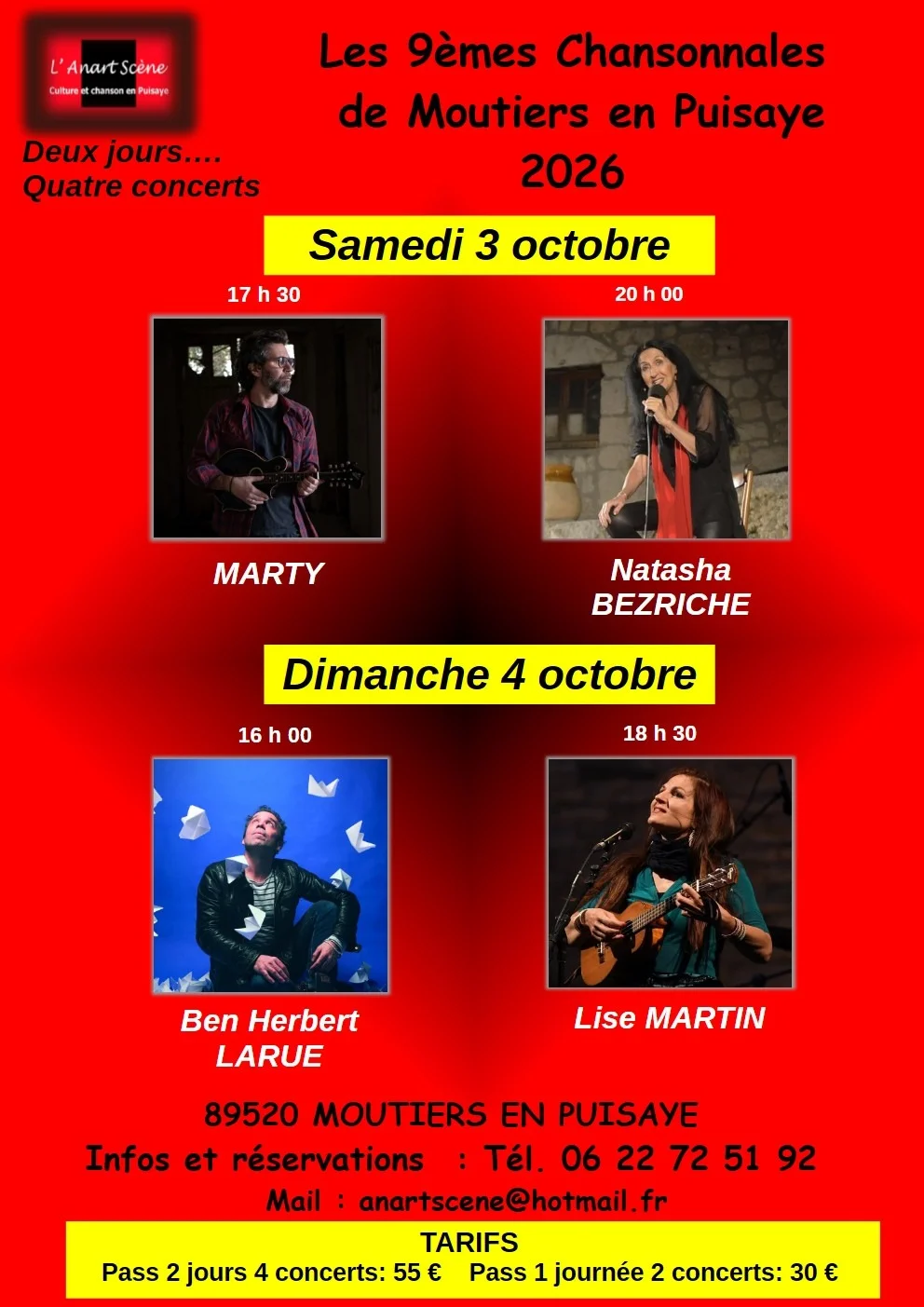 Les 9èmes Chansonnales de Moutiers-en-Puisaye avec Franck Marty, Natasha Bezriche, Ben Herbert Larue et Lise Martin, festival de chanson à texte – Moutiers en Puisaye (Le Foyer) (affiche de l’événement)