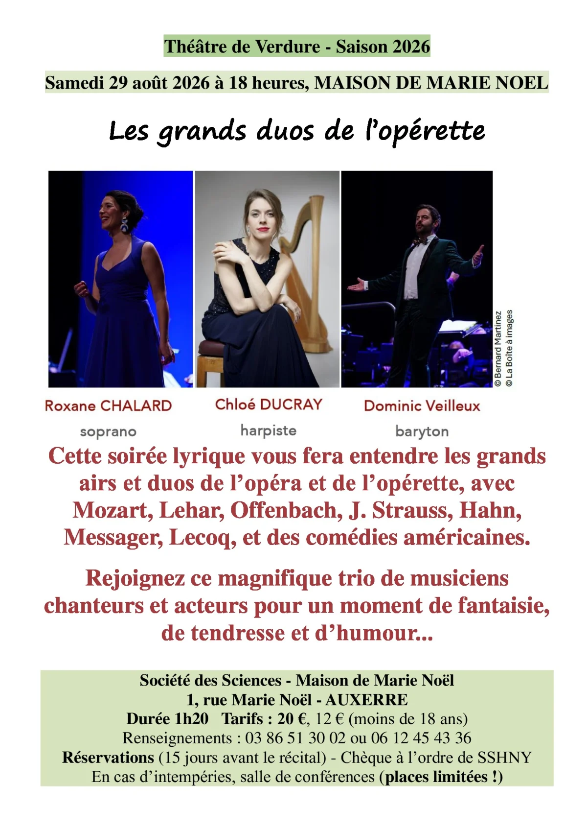 Concert : "Les grands duos de l’opérette" avec Roxane Chalard (soprano), Chloé Ducray (harpiste) et Dominic Veilleux (baryton) et des oeuvres de Mozart, Lehár, Offenbach, Johann Strauss, Hahn, Messager, Lecoq et des extraits de comédies américaines – Auxerre (Théâtre de Verdure / Maison Marie Noël) (affiche de l’événement)