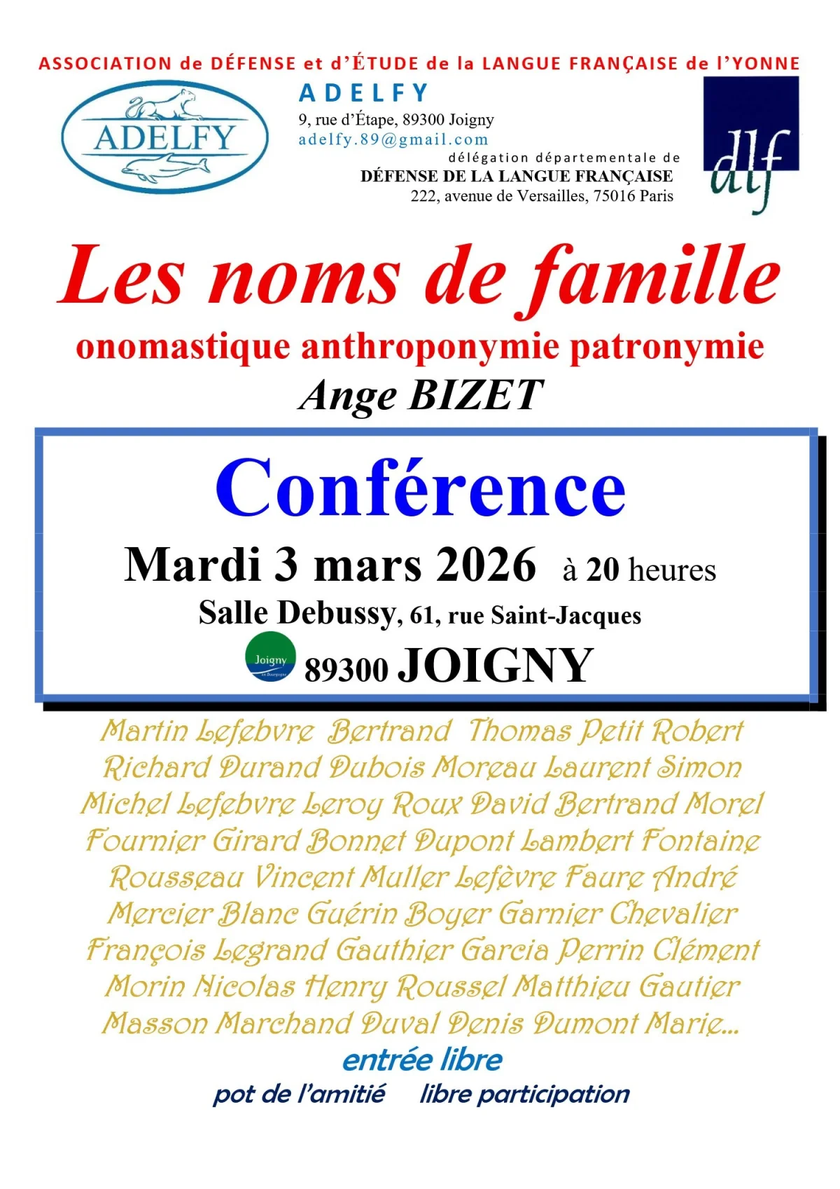 Les noms de famille – Joigny (Salle Debussy) (affiche de l’événement)