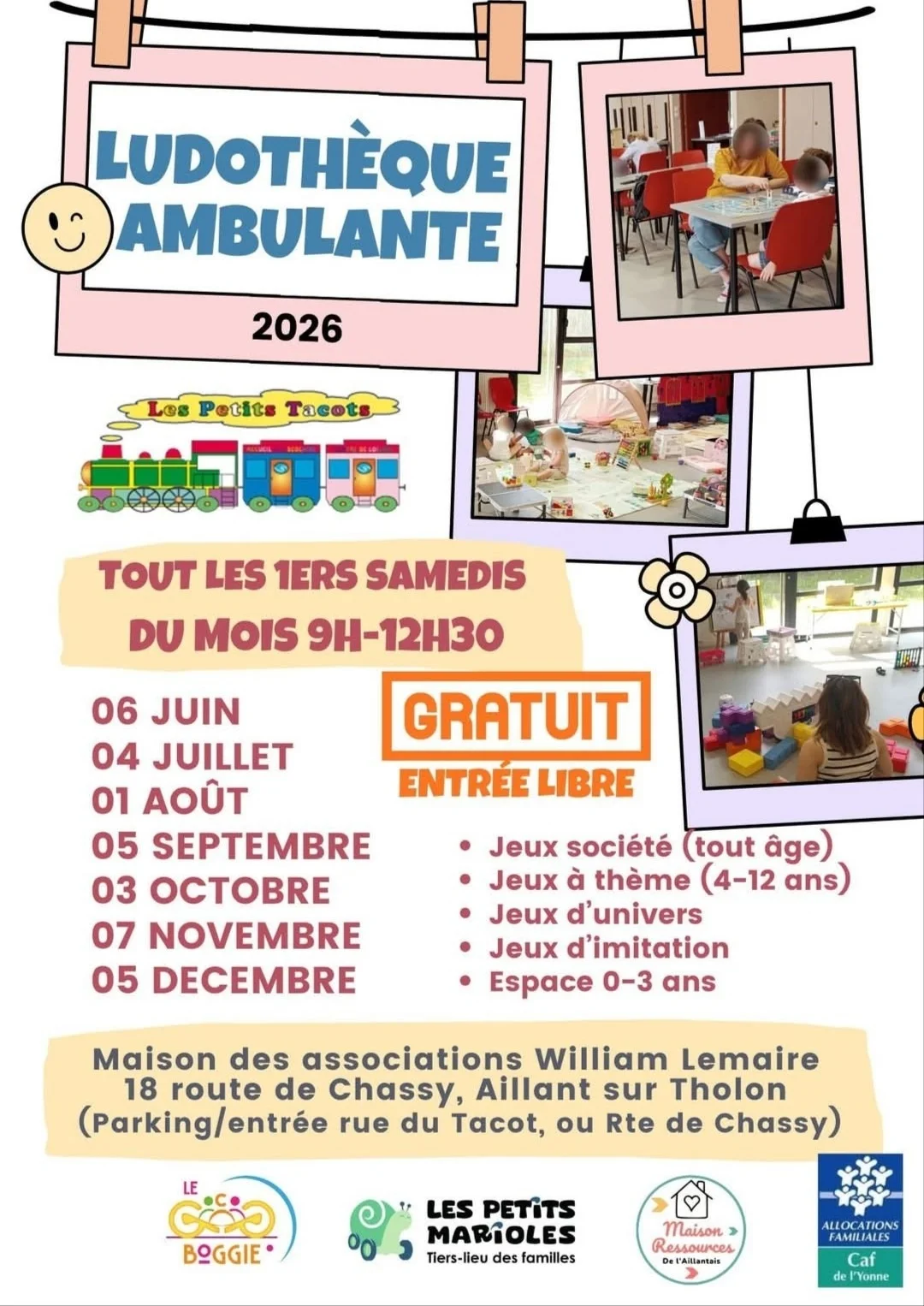 Ludothèque ambulante: Jeux de société, Espace imitation, Espace 0-3, Jeux à thème. – Aillant-sur-Tholon / Montholon (Maison des associations) (affiche de l’événement)