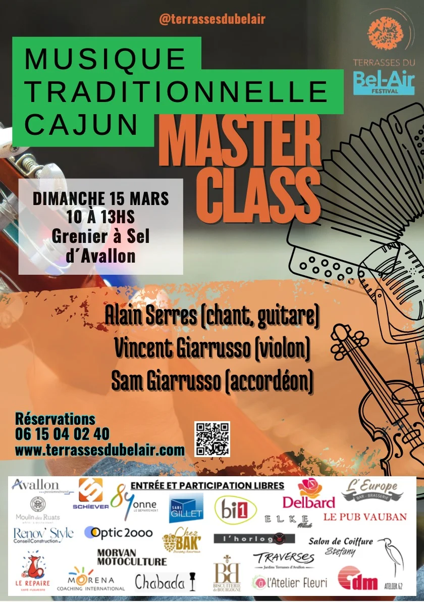 Master class "Musique traditionnelle cajun" avec Alain Serres (chant, guitare), Vincent Giarrusso (violon) et Sam Giarrusso (accordéon) dans le cadre du Festival Terrasses du Bel-Air – Avallon (Grenier à sel) (affiche de l’événement)