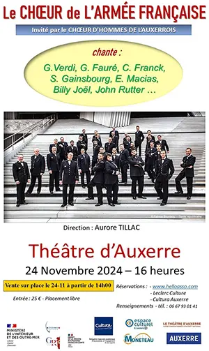 Concert avec le Choeur de l'Armée Française invité par Le Chœur d'Hommes de l'Auxerrois sous la direction d'Aurore Tillac