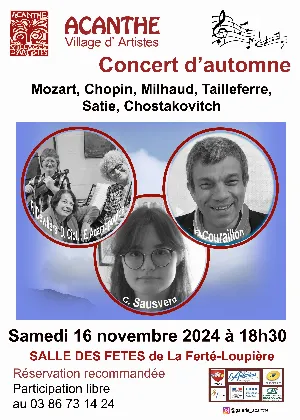 Concert d'Automne avec Camille Sausverd (tremplin jeune), le Trio Dominique Ciot, Eve Adamopoulos et France Devillers et Frédéric Couraillon (Mozart, Chopin, Mailhaud, Tailleferre, Satie, Chostakovitch)