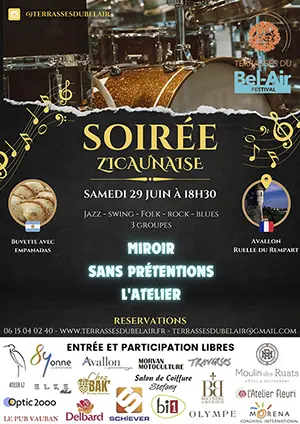 Info de dernire minute // Soire Zicaunaise avec 3 groupes : Miroir (Jazz, Swing), Sans Prtentions (jazz manouche), et lAtelier (folk, blues)