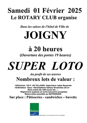 Super Loto annuel du Rotary Club de Joigny avec de nombreux lots de valeur (Télé 4K, aspirateur robot, ordinateur, smartphone, encentes, bons d'achat de 100 €...)